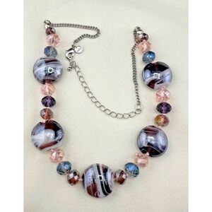 Beaded Art Glass Necklace Purple Pink Signed MS 20"